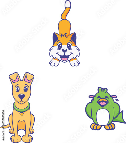 Set of stickers dog, cat, bird, different emotions. Isolated vector illustration 