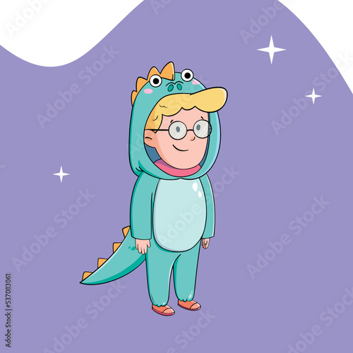 Boy in a dinosaur costume. Happy kid wearing in animal costume. cartoon vector illustration