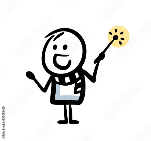 Little wizard boy in a striped scarf with a magic wand in his hand.