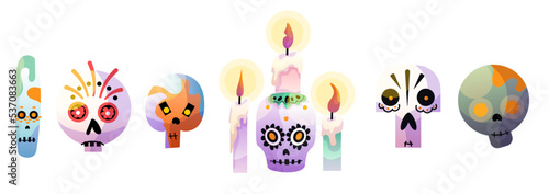 Cute cartoon skulls. Dia de los muertos. Day of the dead. Traditional mexican festival. Candles, halloween, colorful sugar  head bones. Vector illustration.