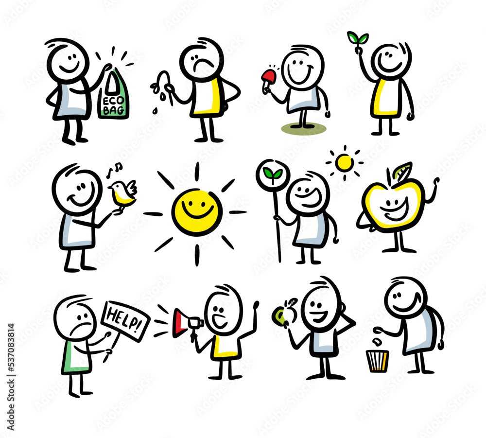 Ecological characters set of hand drawn people and nature elements. Ecological characters set of hand drawn people and nature elements.