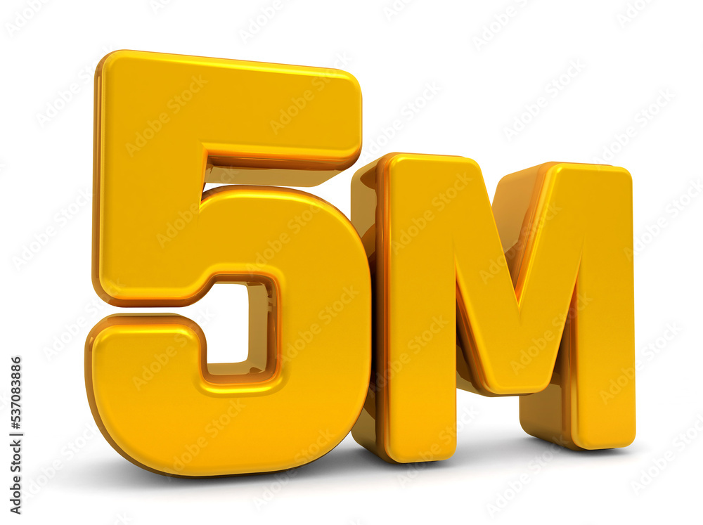 Golden 5M isolated on white background. 5M 3d. Thank you for 5 Million followers 3D gold. 3D rendering Golden 5M isolated on white background. 5M 3d. Thank you for 5 Million followers 3D gold. 3D rendering