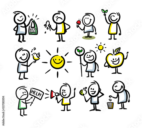 Ecological characters set of hand drawn people and nature elements.