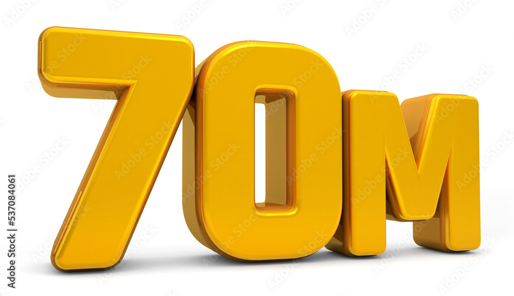 Golden 70M isolated on white background. 70M 3d. Thank you for 70 Million followers 3D gold. 3D rendering Golden 70M isolated on white background. 70M 3d. Thank you for 70 Million followers 3D gold. 3D rendering