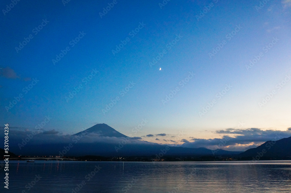 Fuji and the moon at beautiful dusk