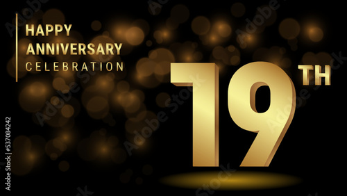 19th anniversary logo with gold color for booklets, leaflets, magazines, brochure posters, banners, web, invitations or greeting cards. Vector illustration
