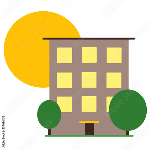 Vector illustration of a multi-storey house on the background of a large sun. Apartment building. Isolated