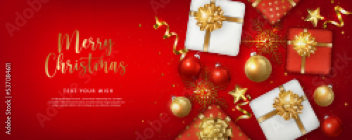 Merry Christmas composition 3D realistic gift box with golden ribbon snow flake and decoration baubles ball star ornaments