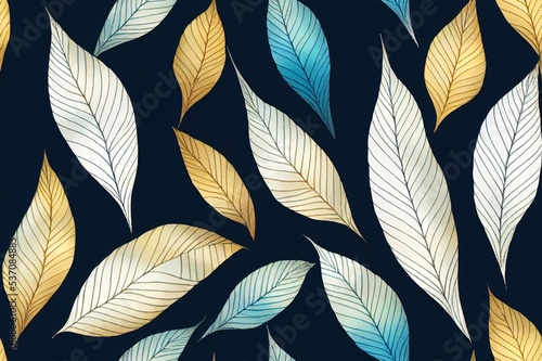 Tropical leaves seamless vertical pattern. Hand drawn watercolo illustration isolated on blue background.