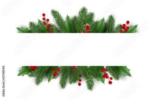 Banner with Christmas tree branches. Christmas garland with holly berries. Realistic looking Christmas tree branches decorated with berries and leaves