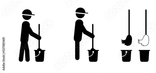 Cartoon stickman, stick figure man with mopping icon or logo. Element of man cleaning concept. Glyph man mopping icon or pictogram. Worker of cleaning service for work, home or house. man washes the f