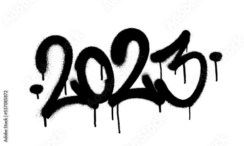 Sprayed 2023 tag gfont graffiti with overspray in black over white. Vector illustration.