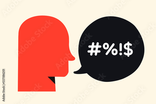 Human head silhouette with bad swear talk speech bubble flat style, obscene behavior, broken communication. Vector 10 eps