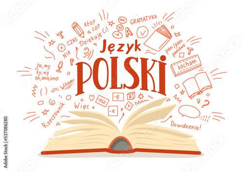 Jezyk Polski. Translation: Polish language. who? What? Thank you! Time, No, Hello, Well, Noun, Goodbye, I love, grammar. Open book with language hand drawn doodles and lettering on white background. E