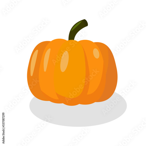 An orange round flat pumpkin for helloween with shadow on white background in flat style