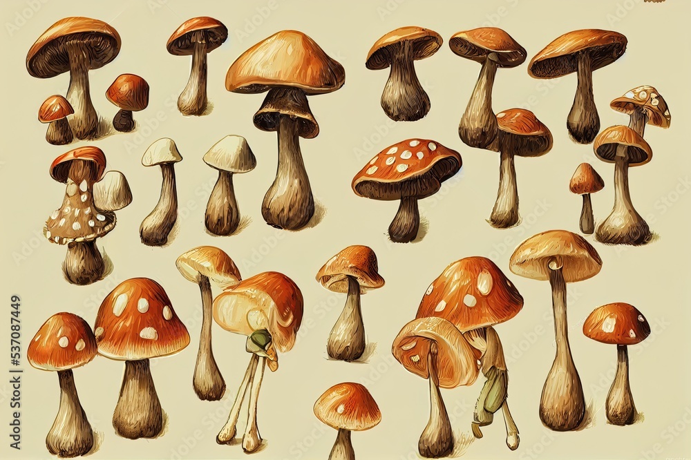 Mushrooms charscters set. Fictional whimsical cute mushrooms. Game design cartoon characters. Fairy tale characters, Hand drawn illustrations . Anthropomorphism art