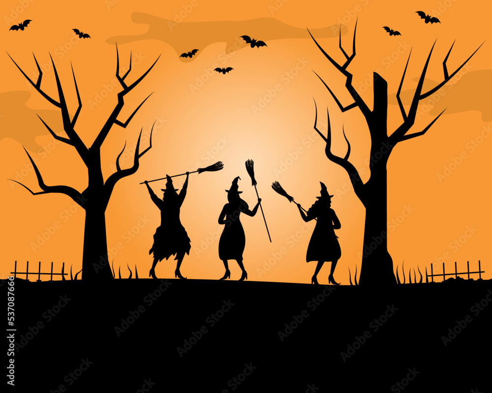 Witches dance with brooms. Halloween coven. Black silhouettes of women and trees on orange background. There are also bats in the picture. Halloween party. Vector illustration