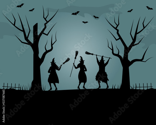 Halloween coven. Witches dance with brooms. Black silhouettes of women and trees on a blue background. There are also bats in the picture. Halloween party. Vector illustration