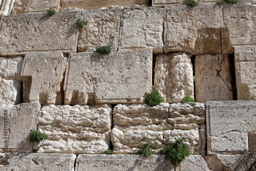 Stones of the Wailing Wall on the Temple Mount in the Old City of Jerusalem.