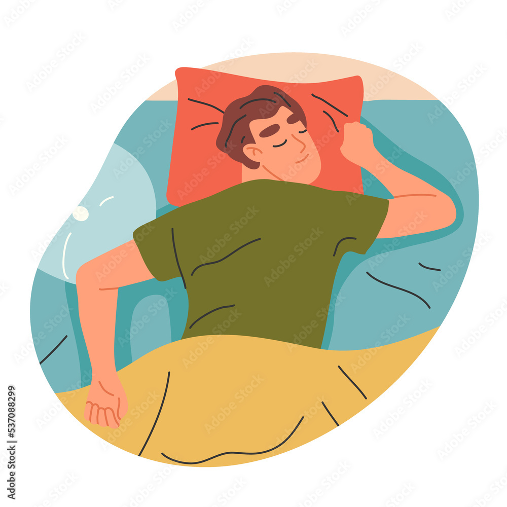 Cartoon sleeping man, resting male character in bed, bedtime scene, young guy sleeping under blankets flat png symbols illustration