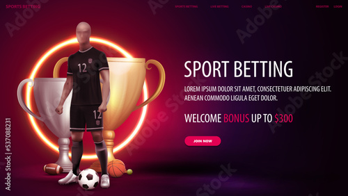 Sports betting, digital red banner with soccer player, yellow neon ring on background, champion cups and sport balls