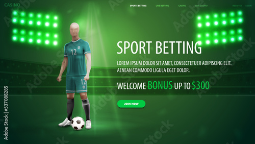 Sports betting, green banner for website with soccer player, offer and stadium on background