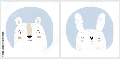 Set of Two Nursery Vector Arts with White Hand Drawn Bear and Bunny in a Pastel Blue Frame on a White Background. Cute Prints with Polar Bear and Rabbit in a Round Frame. No Text. Easter Bunny.