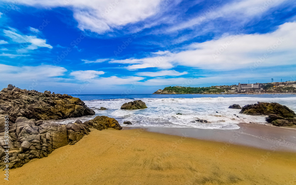 Extremely huge big surfer waves at beach Puerto Escondido Mexico.