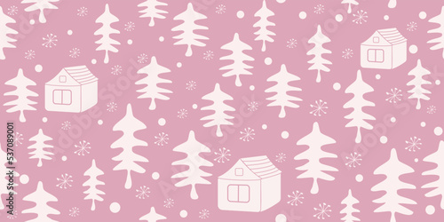 Christmas trees and cozy houses in a seamless pattern, modern flat design. Can be used for printed materials, textiles, banners