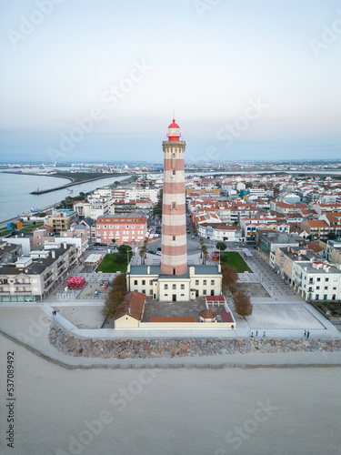 Aerial views of Lighthouse. Barra beach in Aveiro, Portugal. Aveiro Lighthouse. Tallest in Portugal and one of the world's tallest