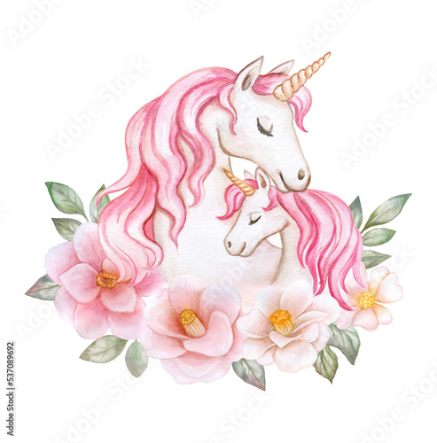 Unicorns mom and baby with flowers, flower frame, isolated on white background. Watercolor, illustration. Template. White horse. Template Clip art.