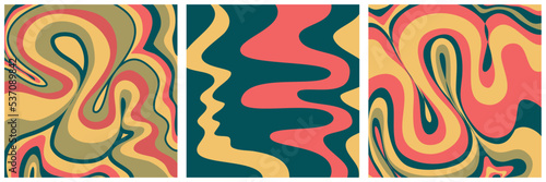 Groovy wave retro background with swirl set collection. Retro color hippy. Simple twirl trendy design. Wavy marble groovy pattern.