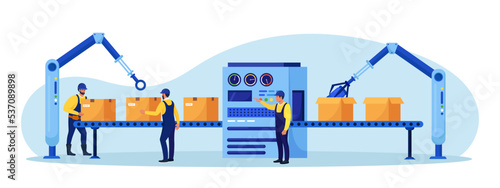 Efficient smart factory with workers, robotic arm, assembly lines. Manufacturing process, industry production. Operator controls conveyor automatic production line with boxes, high tech machinery