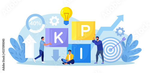 Key Performance Indicator. Businessmen put cubes together with word KPI. Business success measurement, achievement. Data review, evaluation. Analytics tool, financial management, measuring performance
