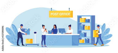 Post delivery office with reception desk. Postman giving cardboard box to customer in post department. Postal worker, courier carrying boxes. Parcel shipping, correspondence delivery, logistic service