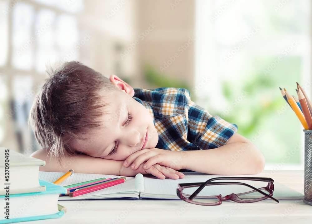 Young child study on lesson with books Young child study on lesson with books