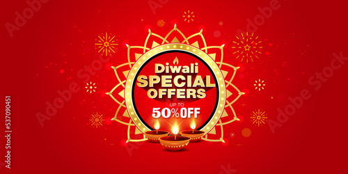 Diwali festival sale offer discount banner design. Diwali special offers 50% off text with golden luxury floral and candle on red background.