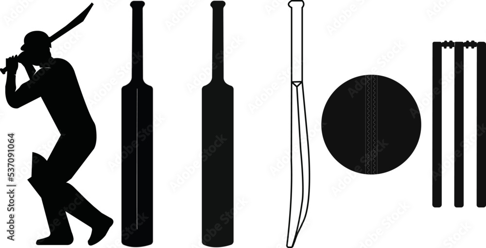 Cricket equipment, sport accessories icons of ball, bat and wicket