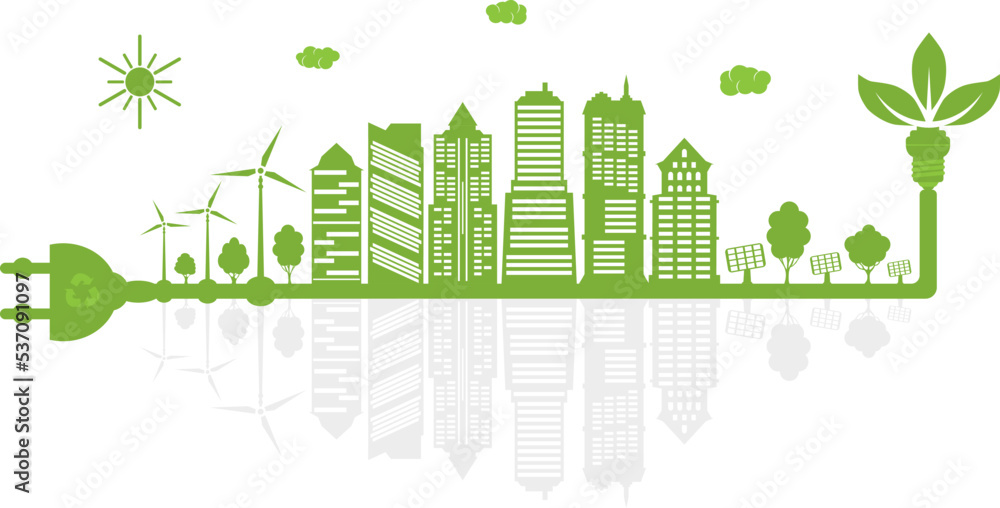 Green city with renewable energy sources. Ecological city with mirror reflection. Environment conservation. Sustainable development concept. Vector illustration.