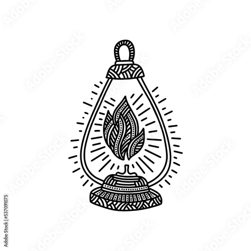 Doodle style illustration. An old, vintage oil lamp, a design element.