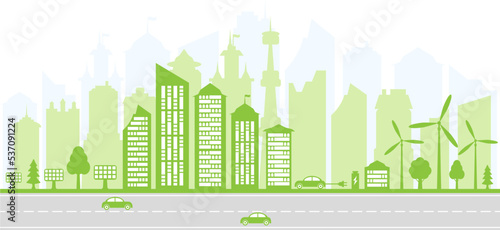 Ecological city and environment conservation. Green city silhouette with trees, wind energy and solar panels. Electric vehicles and charging station. Vector illustration.