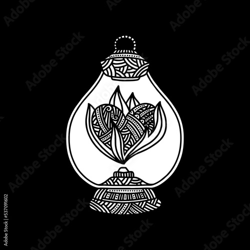 Doodle style illustration. An old, vintage oil lamp, burning heart, design element.