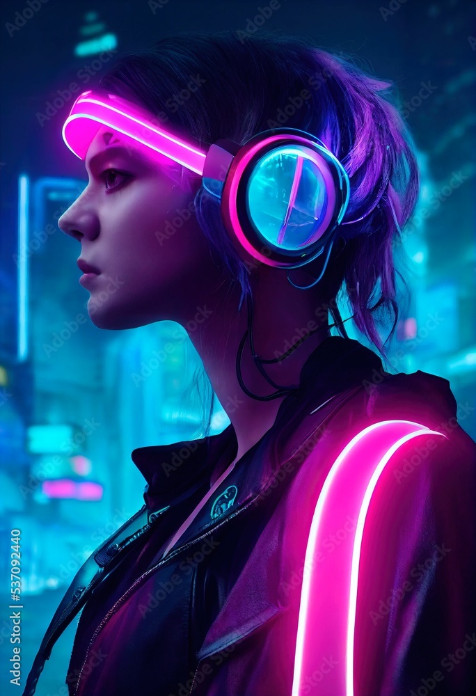 A cyberpunk styled portrait of a young woman wearing neon clothing. a  futuristic high tech dude. the ideas of cyberpunk and virtual reality.  Perfect for posters or phone wallpaper. Generative AI Stock