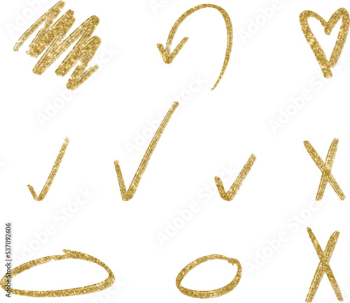 Golden glitter hand drawn retro shapes. Arrow, heart, wavy lines
