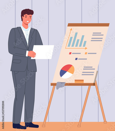 Analytics information and development statistics. Web analysis measure, product testing technology. Man analyses dashboard seo optimization, digital report. Statistical indicators and data on diagram