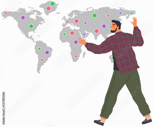 International business visual concept. Businessman stands at big world map shows and tells direction of movement of wold trade. Successful Trader. Social network. Travel agency manager at work