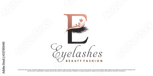 Beauty eyelashes logo design template with initial letter e and creative element concept