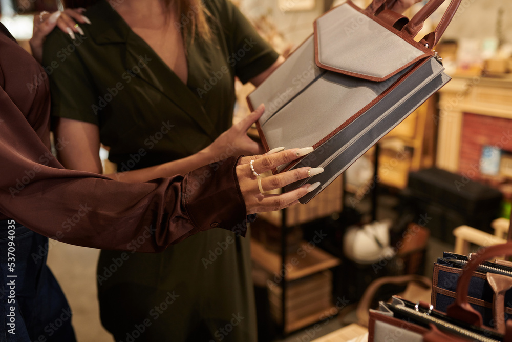 Woman buying new handbag during shopping Woman buying new handbag during shopping