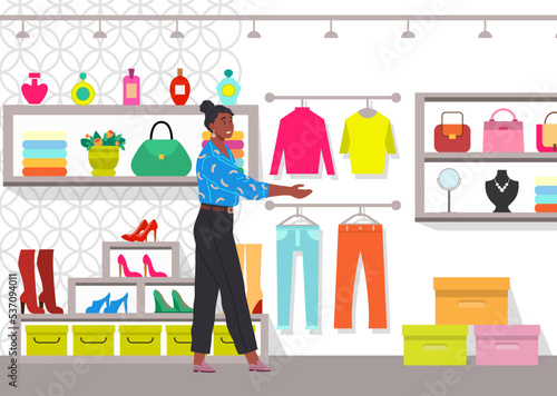 Shopping female person choosing dress in clothing store. Woman in cloakroom or wardrobe organizing space for clothing. Shelves with apparel and outfit accessories hats shoes. Fashion and mass market