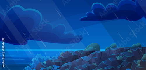 Landscape with salty water on seashore. Waves hit rocks and spray scatters. Water surface of sea with stones. Ocean landscape in evening or rainy night. Vacation at sea and pastime outdoors concept